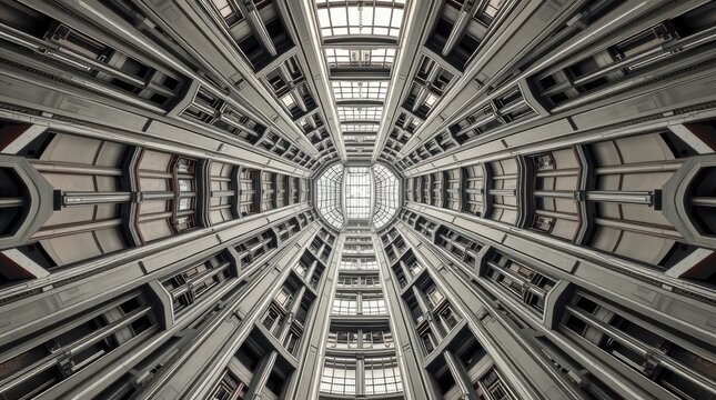 Worms eye view looking up through a building atrium