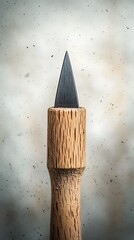 Wooden tool with a gray, pointed tip, against a textured background