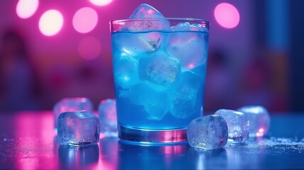 A glass of blue liquid surrounded by ice.
