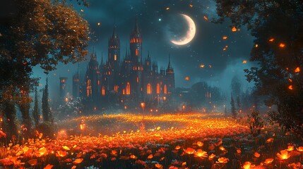 Fototapeta premium Fairy-tale castle surrounded by a field of glowing flowers, crescent moon shining above, warm lanterns lighting the pathways 