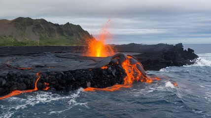 Volcanic eruption near coastline creates mesmerizing lava flow into ocean