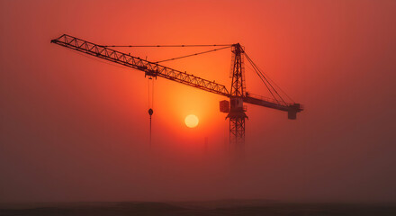 Sunrise Fog Over Construction Crane