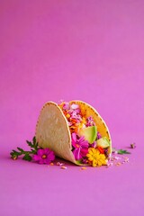 Taco filled with flowers, with flowers next to it on a pastel purple background. Food, Spring concept.