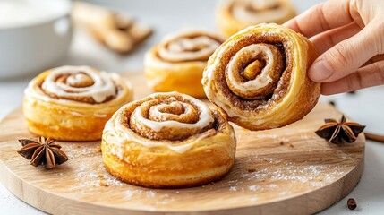 Fototapeta premium Dessert American rich soft. Freshly baked cinnamon rolls on a wooden board, topped with icing and garnished with star anise, inviting a delicious treat.