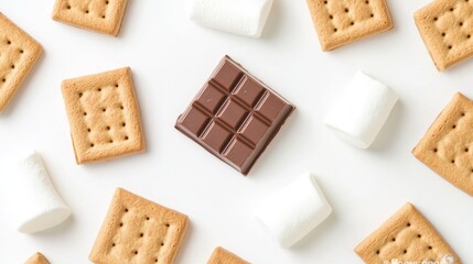 Dessert American rich soft. A flat lay of graham crackers, chocolate squares, and marshmallows, perfect for making s'mores.