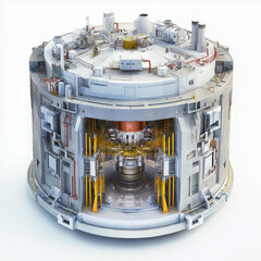 Small Modular Reactor nuclear grid energy. SMR. Electricity renewable sustainability safety. 3D Clip art. Small modular reactor in an isolated nuclear grid component.