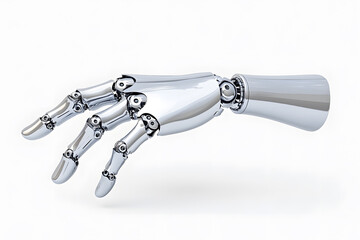 Close-up 3d Chrome Metal Futuristic Robotic hand gesture, glossy texture,  isolated on white background. Cyborg robotic hand