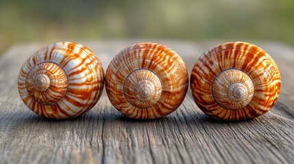 Three colorful, ornate snail shells resting on a weathered wooden surface