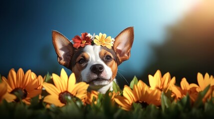 Adorable Puppy with Flower Crown in Sunflower Field