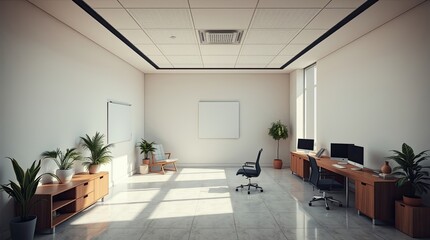 Bright modern office space featuring desks chairs and indoor plants