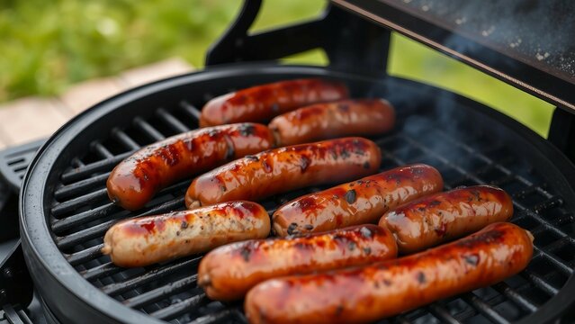Gegrillte, braune W&uuml;rstchen auf schwarzem Grillrost, saftig und rauchig. Warme Braunt&ouml;ne des Fleisches kontrastieren mit dem dunklen Grill und dem verschwommenen gr&uuml;nen Hintergrund.