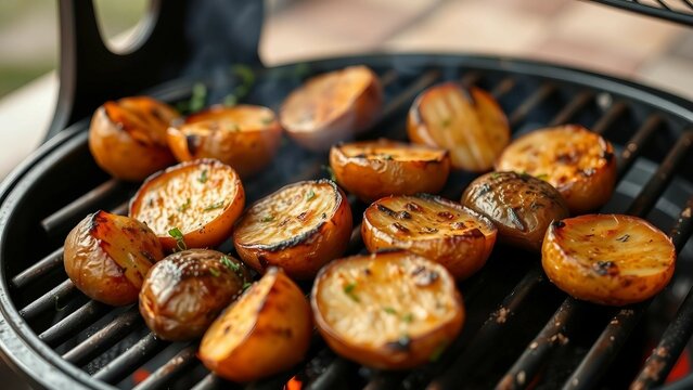 Gegrillte, braune Kartoffeln auf schwarzem Grillrost, goldbraun und saftig. Warme Braunt&ouml;ne der Kartoffeln kontrastieren mit dem dunklen Grill und dem verschwommenen gr&uuml;nen Hintergrund.