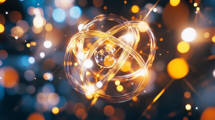 Futuristic science and technology concept with glowing atom structure combined with abstract electronic pattern, symbolizing innovation, energy, connection, quantum research, and digital advancement