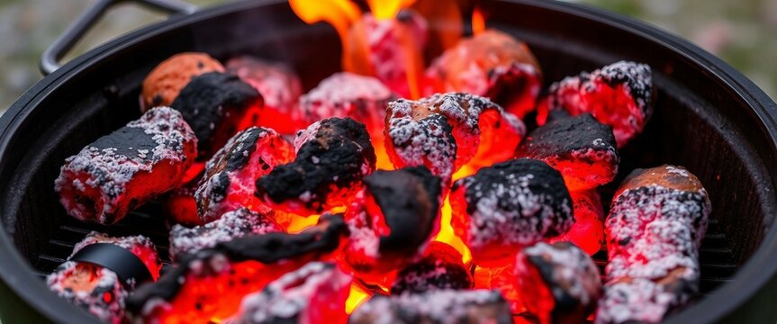 Gl&uuml;hende Holzkohle in schwarzem Grill, mit roten Flammen und wei&szlig;en Ascheflecken. Warme Rott&ouml;ne und das Schwarz des Grills erzeugen eine intensive, hitzige Atmosph&auml;re.