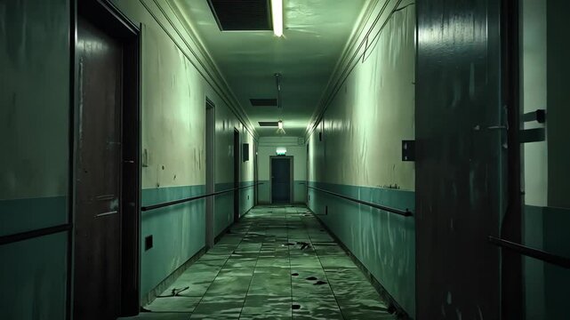 Eerie abandoned hospital corridor, flickering lights cast spectral shadows. Faint echoes of footsteps hint at unseen phantoms, a chilling mystery unfolds
