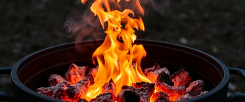 Rote Flammen steigen aus gl&uuml;hender Holzkohle in schwarzem Grill auf. Warme Rott&ouml;ne und das Schwarz des Grills erzeugen eine intensive, hitzige Atmosph&auml;re.