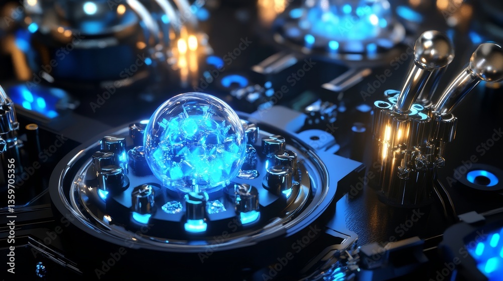 Poster 3d illustration of a working quantum computer with glowing circuits data flow, representing advanced