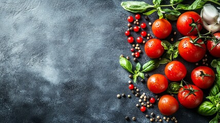 Vibrant Tomatoes, Basil, and Spices on Dark Background