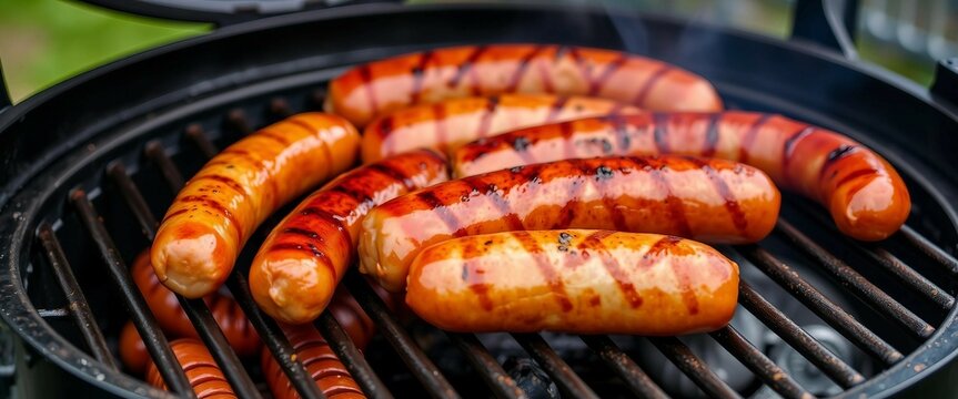 Gegrillte, braune W&uuml;rstchen auf schwarzem Grillrost, saftig und rauchig. Warme Braunt&ouml;ne des Fleisches kontrastieren mit dem dunklen Grill und dem verschwommenen gr&uuml;nen Hintergrund.