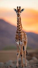 Young giraffe standing, looking forward with mountains and sunset colored sky in the background