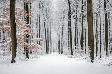Snowy path through a winter forest, featuring tall trees covered in snow. Perfect for winter, nature, serenity, and peace themed projects.