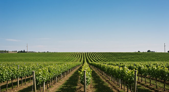 Exploring Vineyard Rows Under a Clear Blue Sky on a Sunny Day