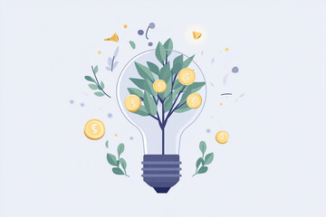 Eco-friendly light bulb with green leaves and plant