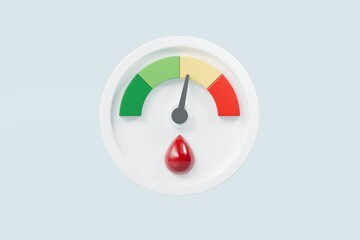 3d Speedometer icon. Minimal Status Speedometer with glucometer test. Green, Yellow, Orange, Red Status color or low, medium, high arrow scale performance status icon. Credit rating score. 3d render.