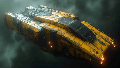 Yellow Pixelated Spaceship Hovering In Dark Space