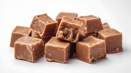 A delectable pile of milk chocolate fudge cubes sits on a pristine white background perfect for culinary or dessert advertisements.