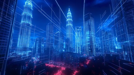 Obraz premium Futuristic Kuala Lumpur cityscape with the skyline illuminated by holographic digital projections, geometric patterns overlaying skyscrapers 