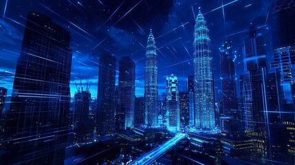 Obraz premium Futuristic Kuala Lumpur cityscape with the skyline illuminated by holographic digital projections, geometric patterns overlaying skyscrapers