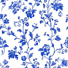 Blue and white french floral seamless pattern on a white background