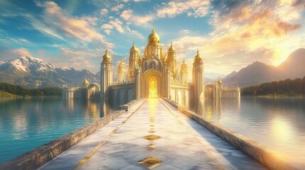 Fototapeta premium Gleaming golden castle framed by a lake of crystal-clear water, reflecting vibrant dawn skies, marble pathways leading up to its gates, frontal view, regal dream. 