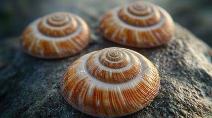 Three seashells resting on a stone. Detailed close-up view of spiral patterns and natural colors