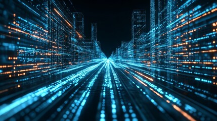 Big data analytics and high-speed communication technology illustration with dynamic data flow, digital information stream, quantum computer qubits, futuristic network, advanced internet concept