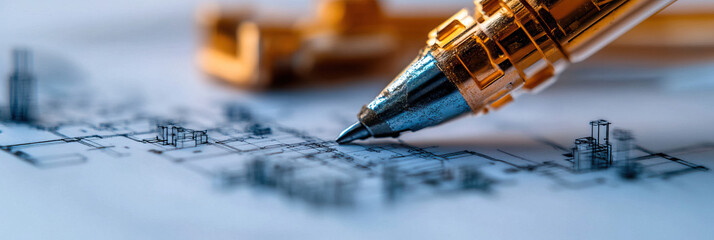 Architectural Blueprint with Gold Pen