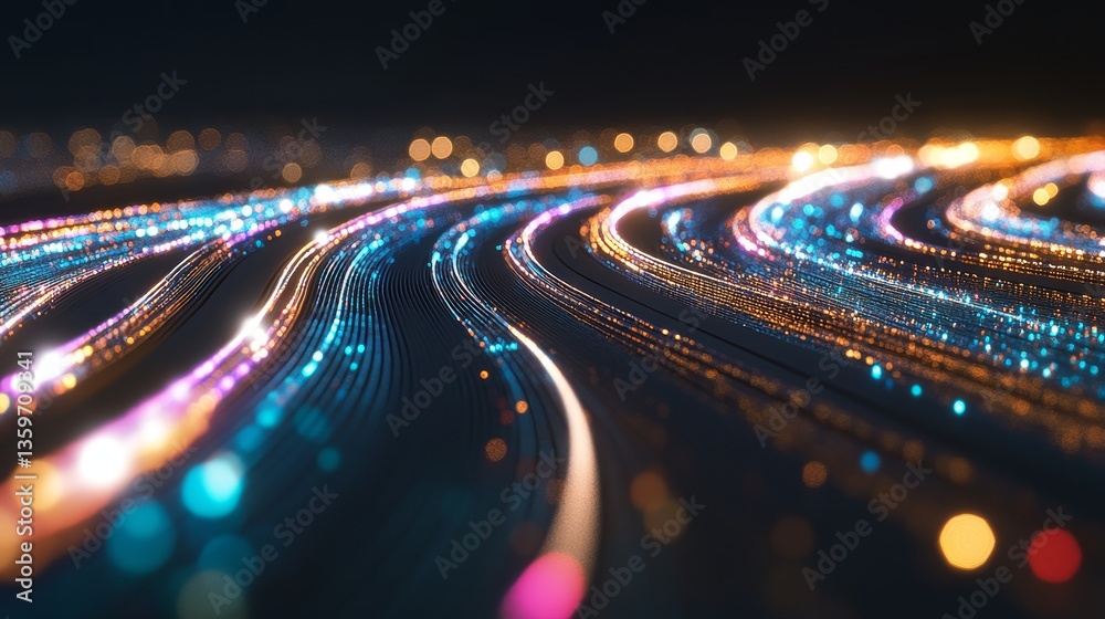 Poster big data analytics and high-speed communication technology illustration with dynamic data flow, digi
