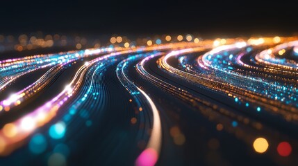 Big data analytics and high-speed communication technology illustration with dynamic data flow, digital information stream, quantum computer qubits, futuristic network, advanced internet concept