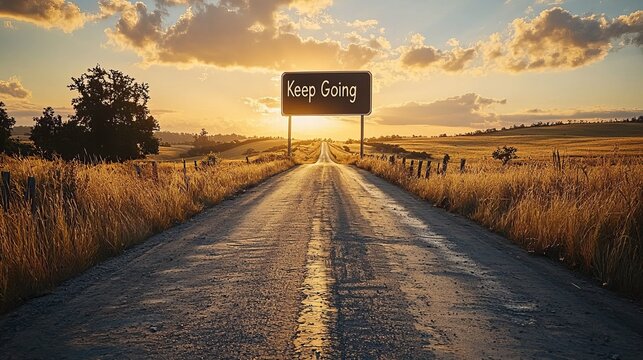 A picturesque sunset road scene with a sign that reads 'Keep Going,' conveying motivation and perseverance.