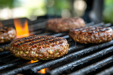 Close up of a beef burger for hamburger cooking on a grill commercial food photo