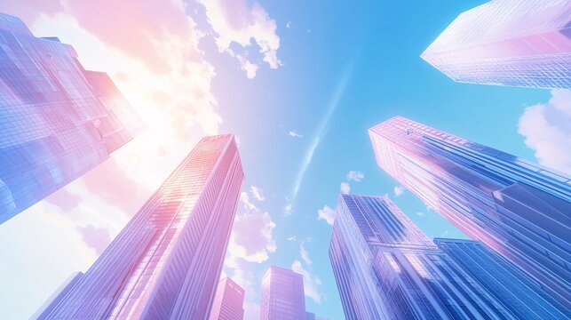 Fototapeta High-resolution anime cityscape of Tokyo, featuring modern skyscrapers in soft pastel tones, a vivid blue sky with streaks of stylized clouds, and bustling streets hinted below