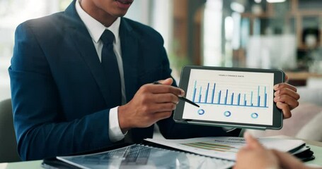 Consulting, finance and infographic on tablet screen with business people in office for investment growth. Data, money and portfolio with financial advisor speaking to client for wealth management