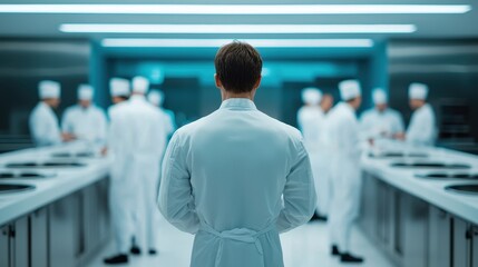 A chef in a white uniform stands in a modern kitchen, observing a team of chefs working together in a high-tech culinary environment.