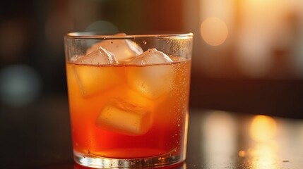 A glass of amber-colored beverage with ice cubes, set against a softly blurred background.