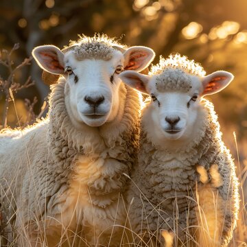 Awassi sheep and an East Friesian sheep Ovis aries standing together in a Mediterranean style pasture their wool light and airy under the warm golden sunlight