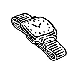 Wristwatch with dial and metal strap. Fashionable retro accessory. Vector art illustration. Black and white sketch on white background. Hand drawn outline