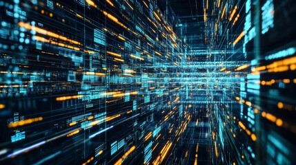 Big data analytics and high-speed communication technology illustration with dynamic data flow, digital information stream, quantum computer qubits, futuristic network, advanced internet concept