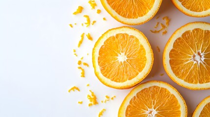 Juicy orange fruit slices arranged on a white background with orange zest scattered around them creating a vibrant and delicious food image.