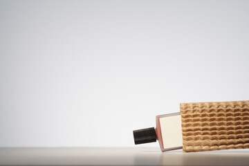 Blank beauty product in recycled delivery packaging. Minimalist mockup